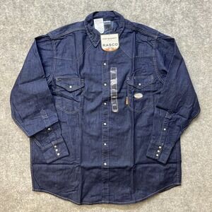 RASCO Flame Resistant Denim Pearlsnap Work Shirt‎ Men's Sz 2XL Navy Blue FR1021